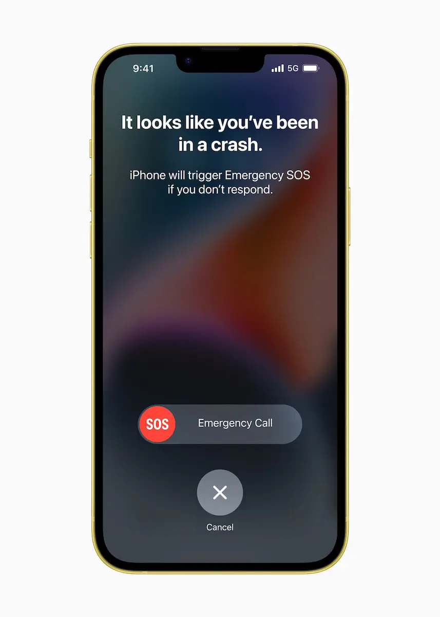 Apple iPhone 14 iPhone 14 Plus yellow crash detection features